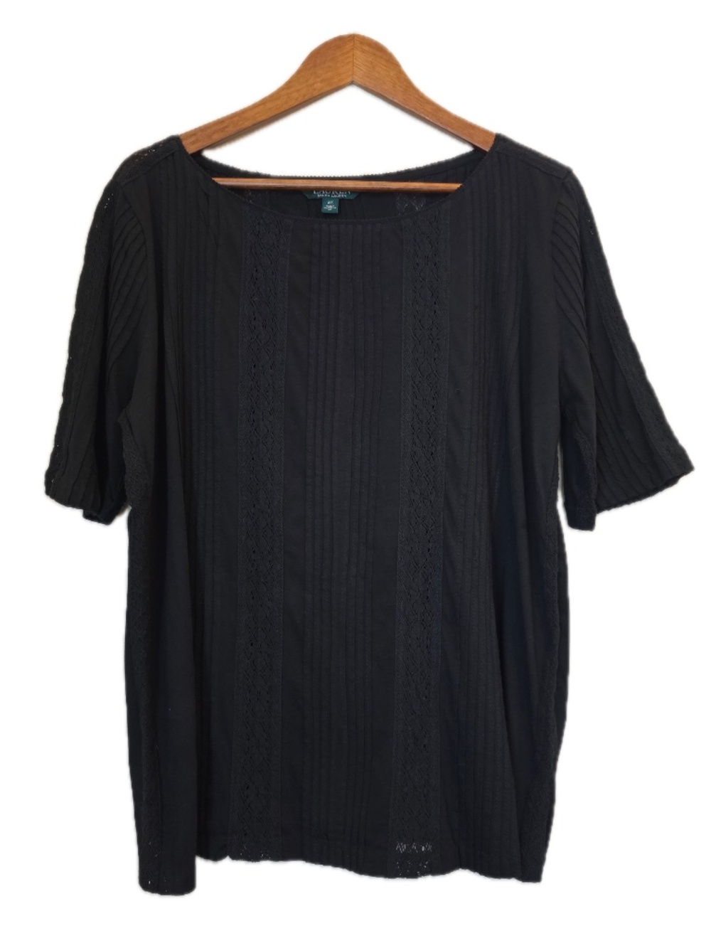 Lauren Ralph Lauren Blouse Womens 2X Black Tunic Round Neck Crochet Pleated